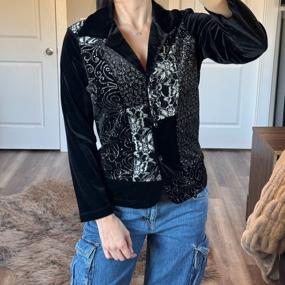 Vintage Notations Patchwork Velour Shirt Black Lace Y2K Whimsy Gothic Glam Sz PM